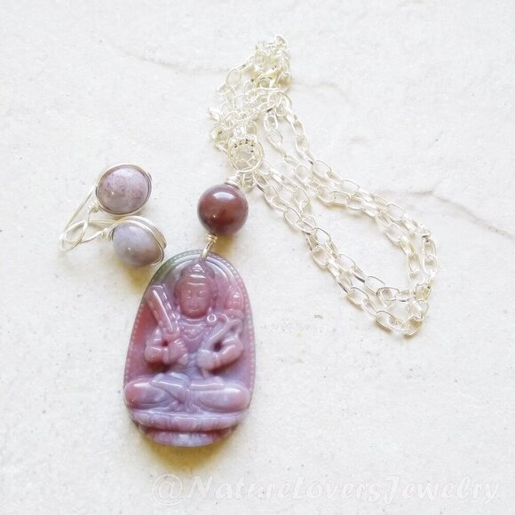 Guanyin ~ Mauve India Agate Amulet Necklace & Earring Set! Quan Yin Buddhism - Picture 4 of 13
